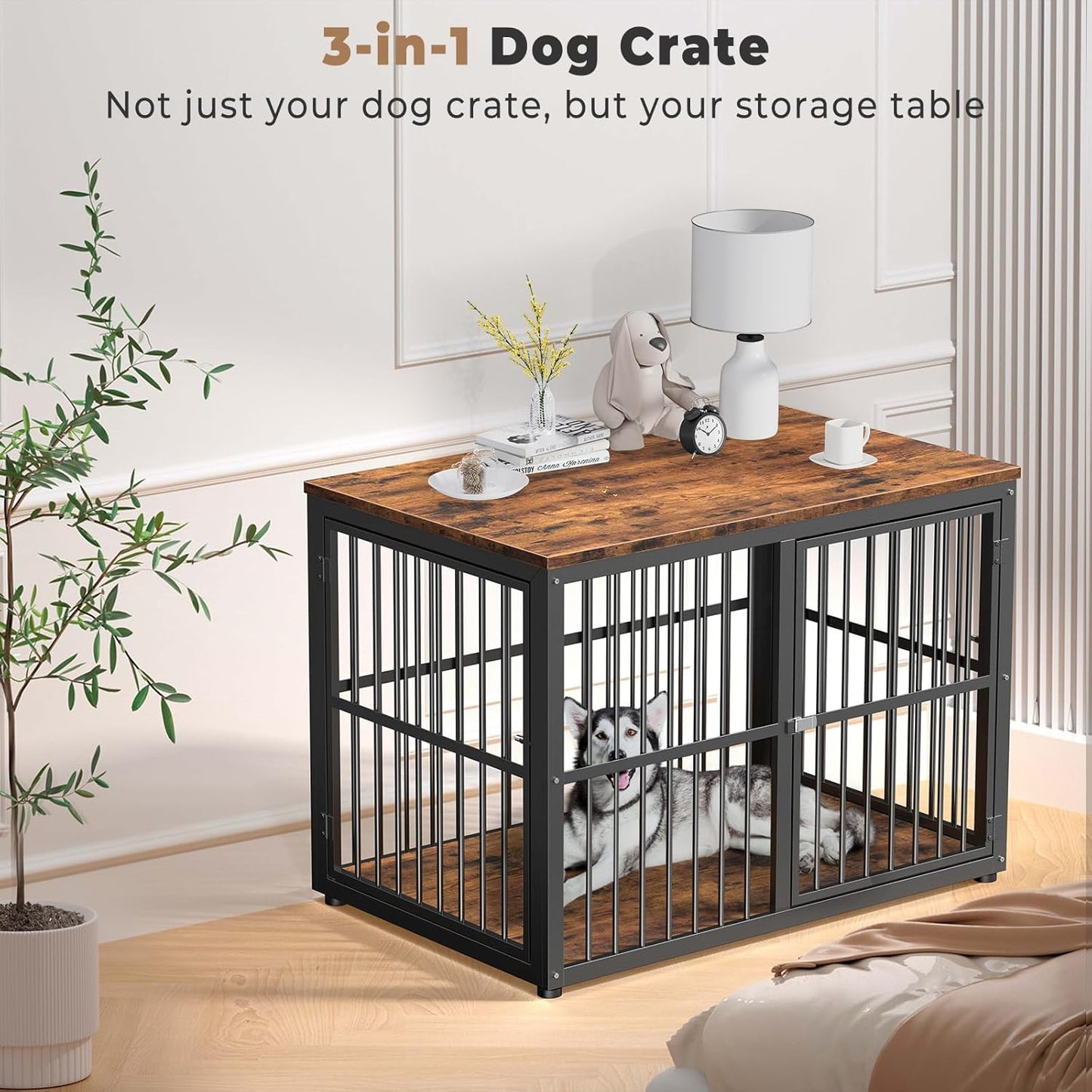 Lyromix 43'' Dog Crate Furniture with 3 Doors, XL Wooden Crate End Table Heavy Duty Indoor Puppy Cage for Medium to Large Dogs, Multiple Units Can be Combined