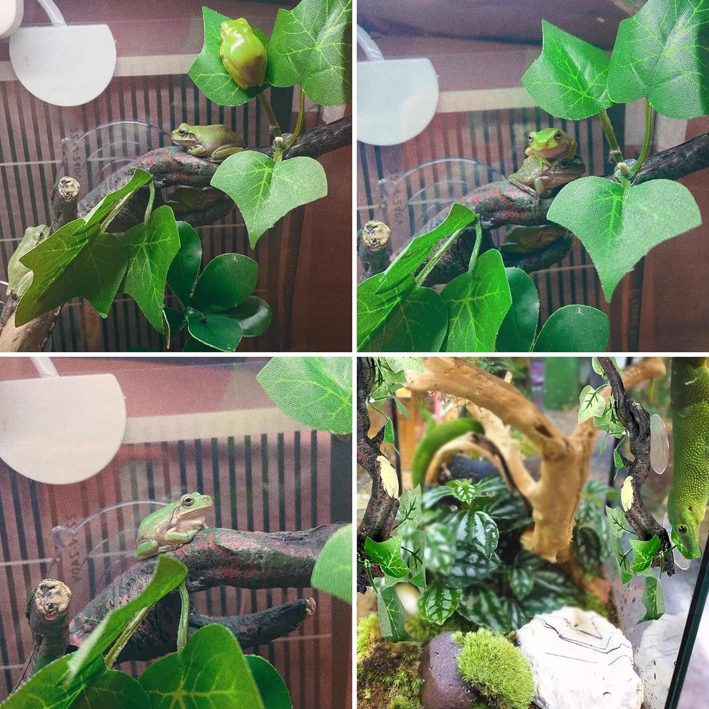 Fhiny 2 PCS Reptile Corner Branch, Resin Climb Tree Branch Decor with Leaves Tank Accessories Terrarium Plant Ornament with Suction Cup for Snake Lizard Bearded Dragons Gecko Climbing