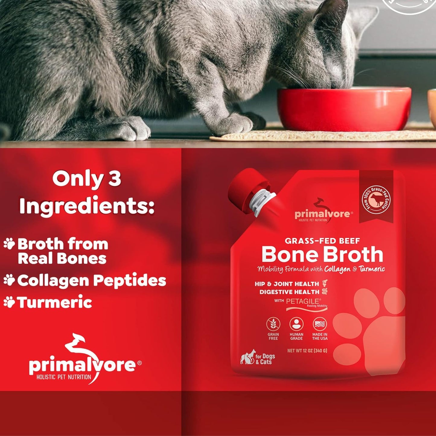 Primalvore Grass-Fed Beef Bone Broth for Dogs &Cats, Mobility Formula w/Collagen Peptides to Help Support Hip & Joints, Digestion, Skin & Coat and Hydration, Human Grade, Made in USA. Beef 2 Pack