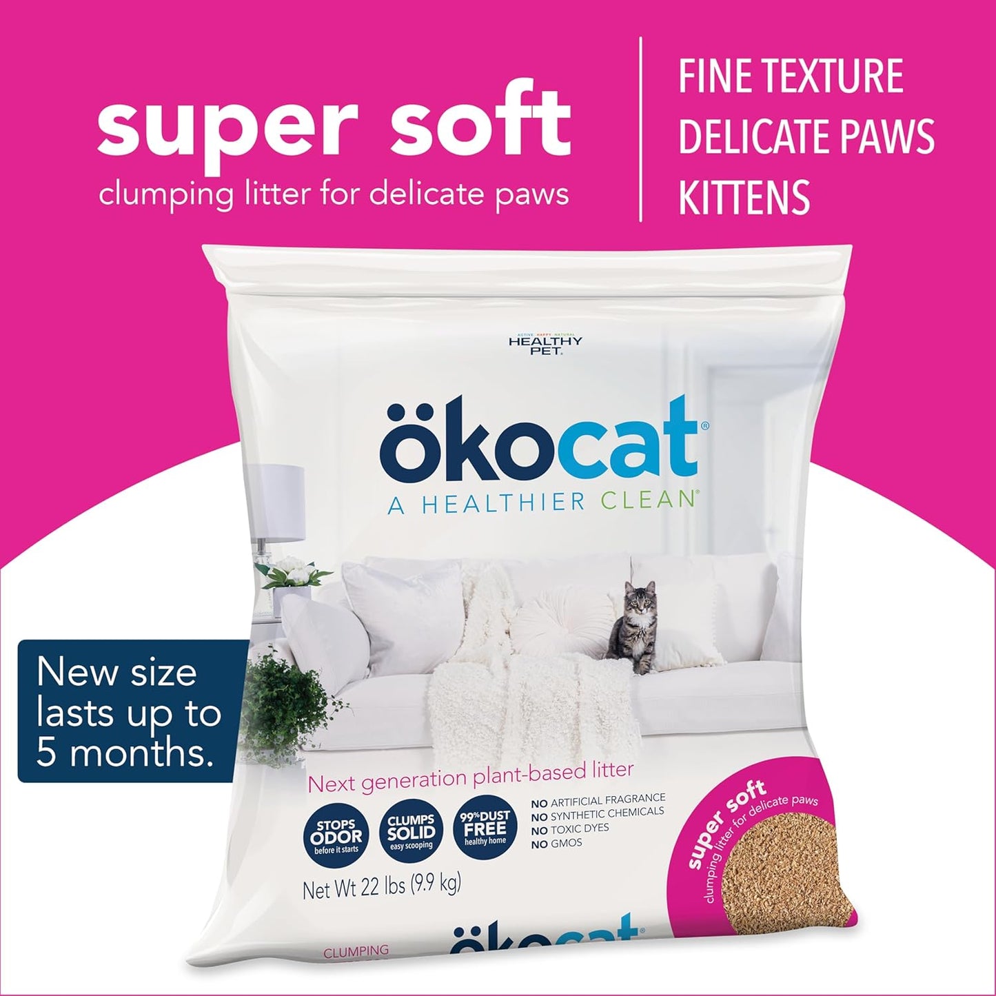ökocat Super Soft Wood Clumping Cat Litter, Unscented, 22 pounds XL - Natural Ingredients, Stops Odor, Clumps Solid, 99% Dust Free, Great for All Cats, Sensitive Paws, Kittens