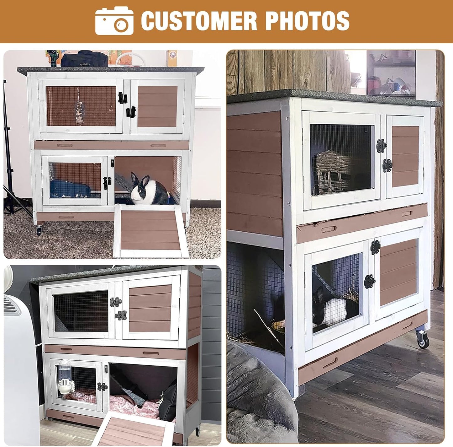 Rabbit Hutch Indoor Outdoor, Bunny Cage with Casters, Guinea Pig Cage Bunny Hutch with Two Plastic Trays 36inch-Brown