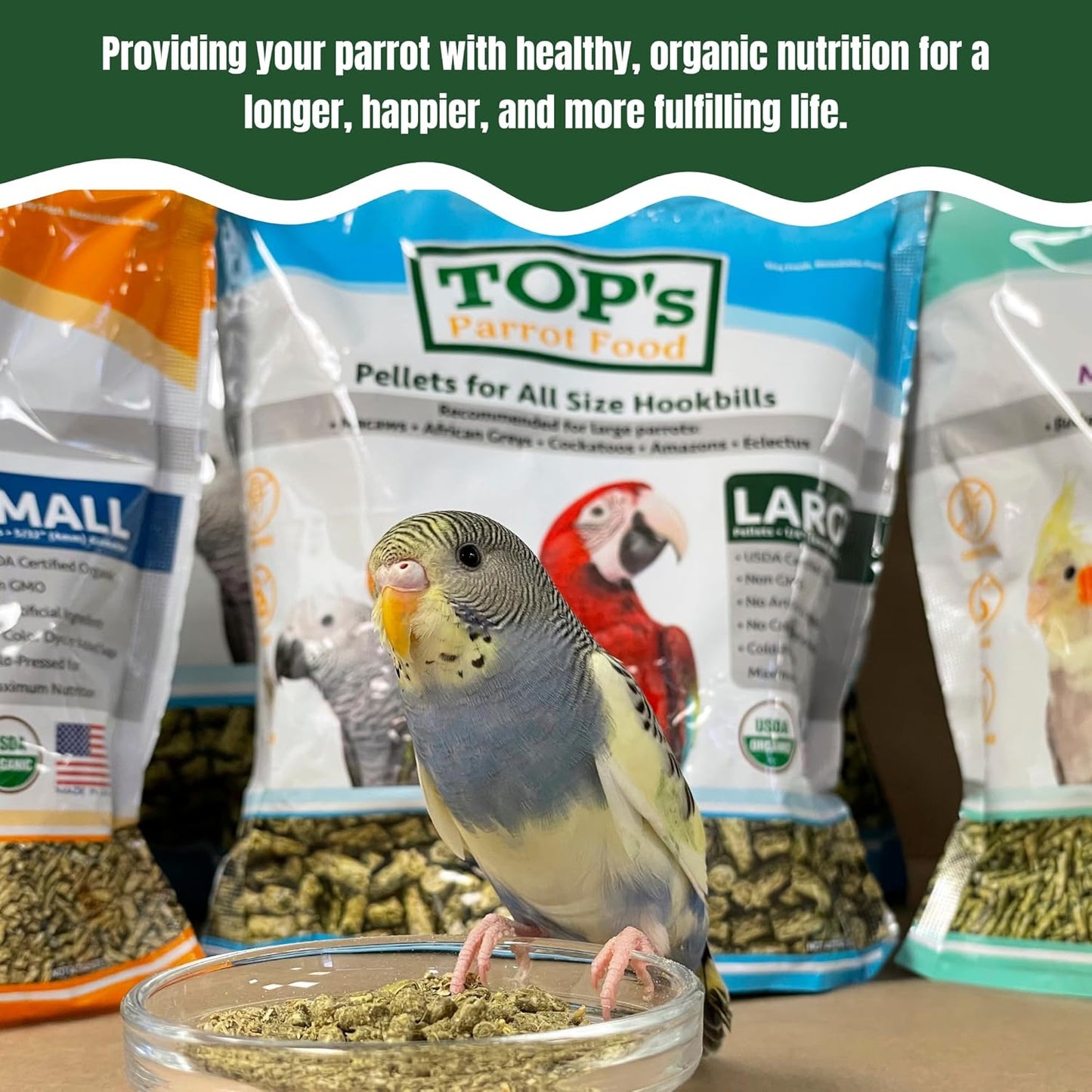 TOP's Parrot Food Pellets Hookbills, Small, Medium and Large Parrots - USDA Organic Certified - 25 lb / 11.33 kg
