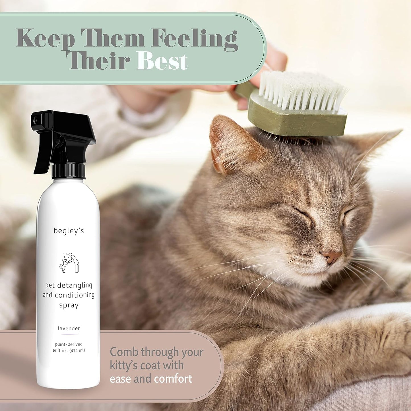 Begley's Pet Detangling Spray - Premium Essential Oil Scented Detangler Spray for Dogs, Puppies & Cats - Dog Leave in Conditioner Spray - Dematting Spray for Dogs & Pets - 16 oz, Lavender