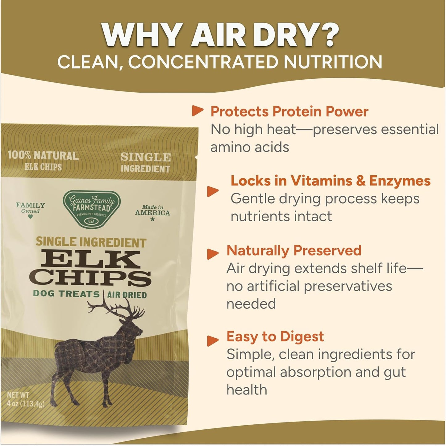 Gaines Family Farmstead Elk Chips for Dogs – 4 oz, Natural Single-Ingredient Dog Treats, High-Protein Rawhide-Free Chews, Healthy Grain-Free Snacks, Made in USA