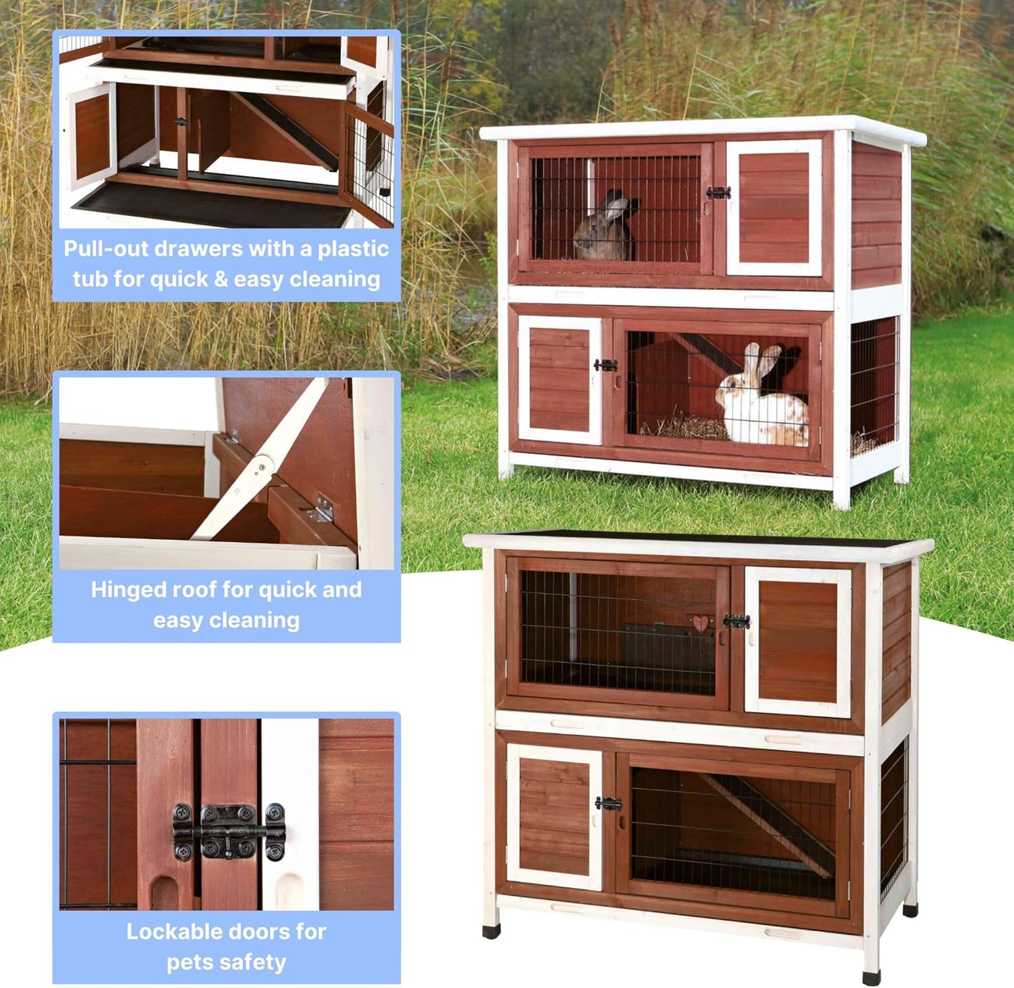 TRIXIE natura Outdoor Double Rabbit Hutch - Indoor Small Animal House, Bunny Cage with Two Sleeping & Play Areas - Includes a Non-Slip Ramp Hinged Roof & Two Pull-Out Trays - in Auburn
