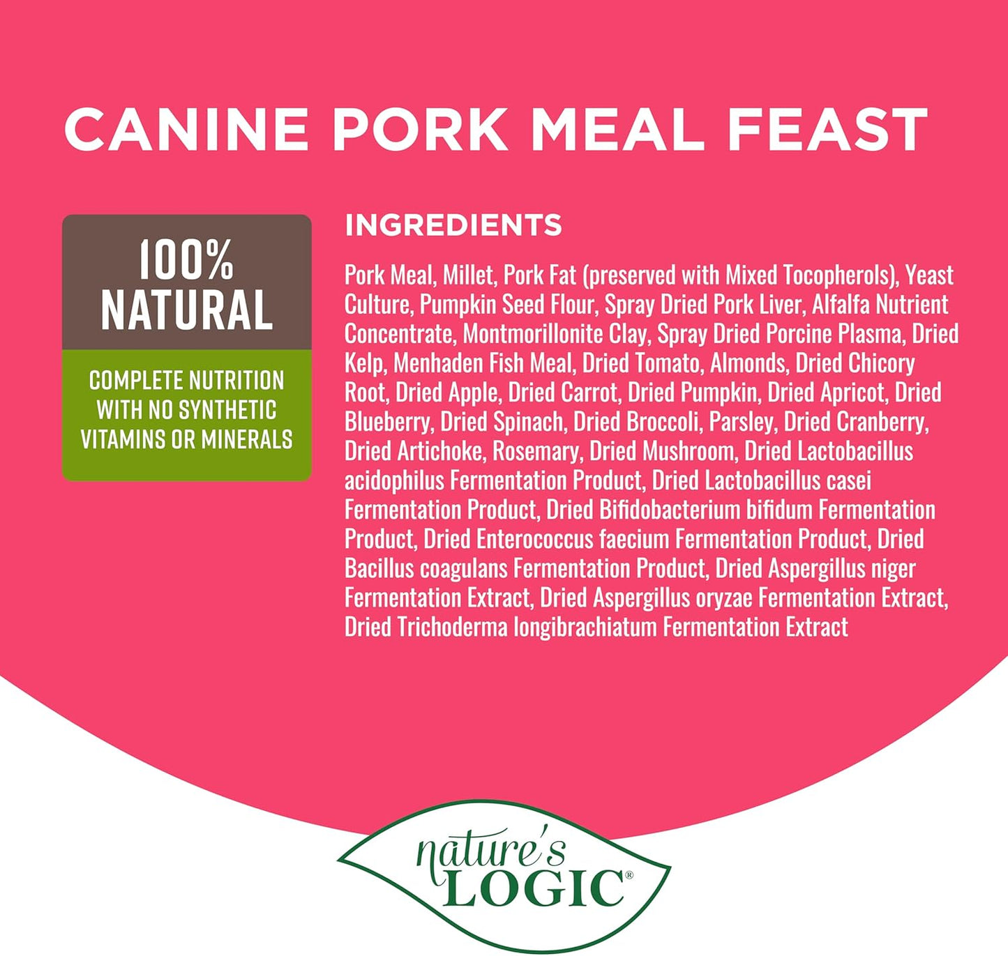NATURE'S LOGIC Dry Dog Food - 100% Natural - No Synthetics - for All Ages, Sizes, Breeds - Free from Common Allergens, High Protein - Pork Meal Feast, 13lbs
