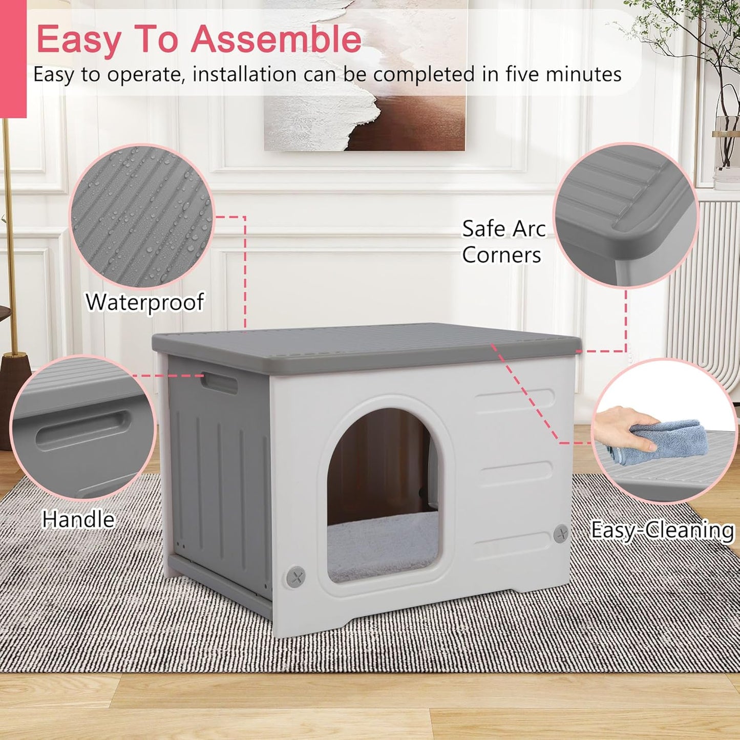 Rockever Plastic Cat House Outdoor with Escape Door, Waterproof Feral Cat House Outdoor Indoor, Sturdy Cat House for Outdoor Cats with Cat Bed Mat, Assemble Easily-Grey