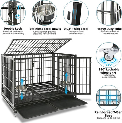 48 Inch Heavy Duty Large Dog Crate, Stackable Indestructible Big Cage for High Anxiety Dogs, Foldable Escape Proof XL Dog Kennel Indoor with Adjustable Bowls, Wheels and Double Trays(2 Pack)