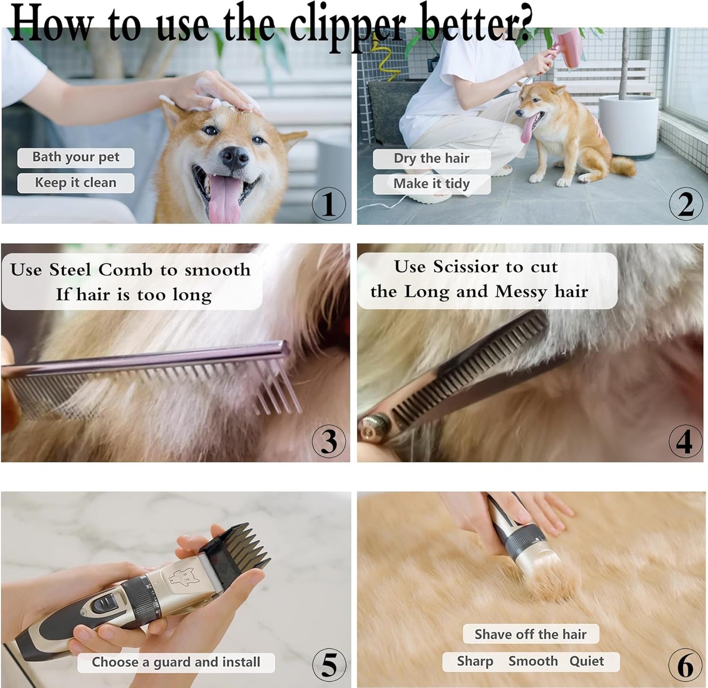 Dog Grooming Kit Clippers, Low Noise, Electric Quiet, Rechargeable, Cordless, Pet Hair Thick Coats Clippers Trimmers Set, Suitable for Dogs, Cats, and Other Pets(Grey)