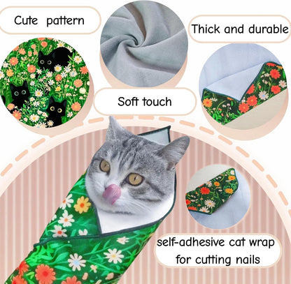 Cat Grooming Wrap Cat Wrap for Cutting Nails Cat Burrito Wrap 19.96 inch(Within 6Lbs) Cat Swaddle Nail Clipping, Teeth Brushing, Ear Cleaning Self-Adhesive Magic Cloth Cat Restraint