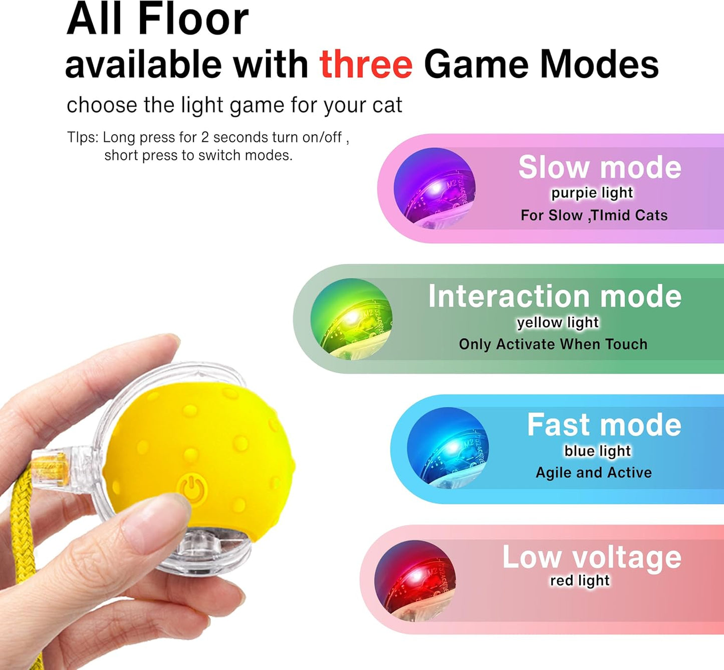 Interactive Cat Toy LED Rolling Ball — Motion-Activated, USB-C Rechargeable, 3 Play Modes, Replaceable Tails — Quiet Automatic Ball for Indoor Cats & Kittens — Safe & Durable (Yellow)