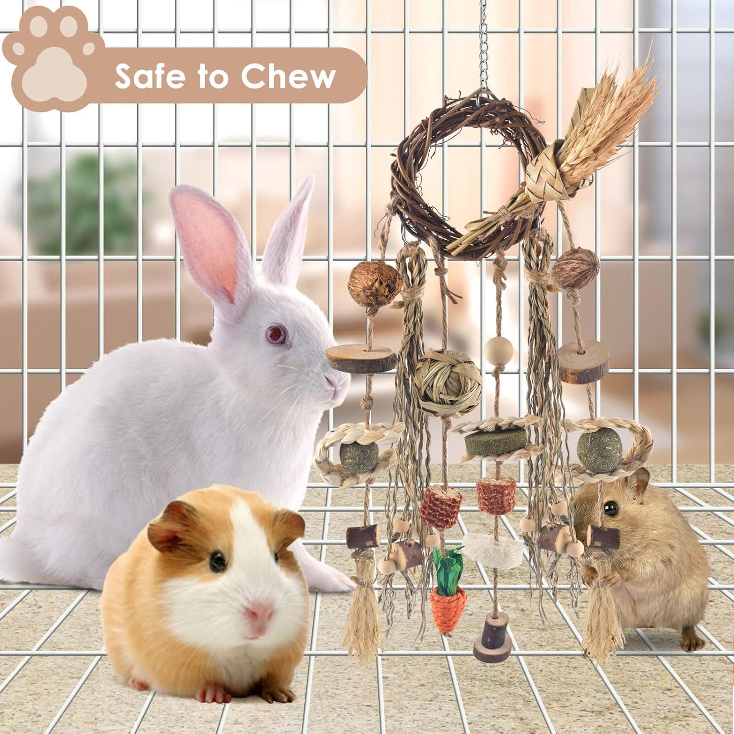 Bissap Bunny Chew Toy, Rabbits Cage Hanging Chew Toys and Treats Rattan Ring with Snacks Water Grass Wooden Block Carrot for Guinea Pigs Chinchillas Hamsters Rats and Other Small Pets Teeth Grinding