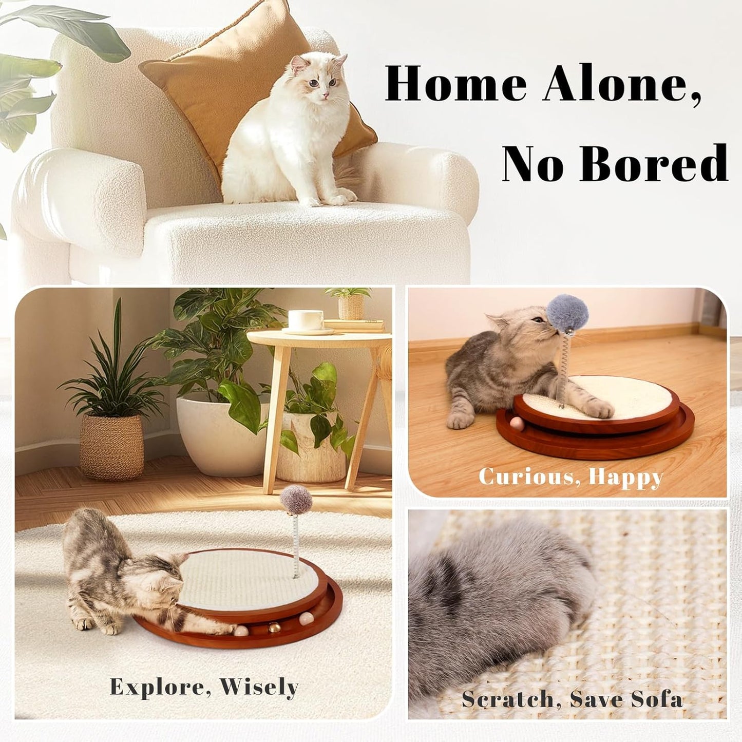 Cat Scratcher, Cat Cratch Sisal Pad with Wooden Roller Ball Toy, Cat Scratchers Interactive Toys for Indoor Cats, Satisfies Kitten’s Scratching, Chasing and Hunting