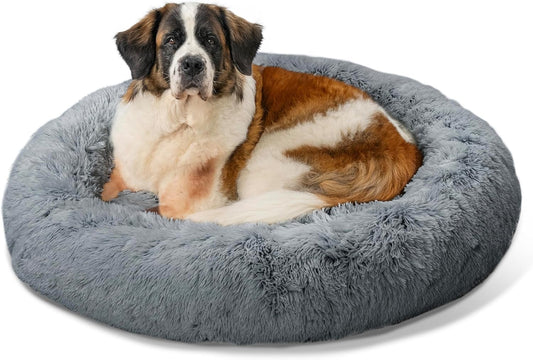 Best Friends by Sheri Original Calming Donut Dog and Cat Bed, Shag Faux Fur, Gray, XL (45in x 45in) - Anxiety Relief for Pets Up to 150 lbs