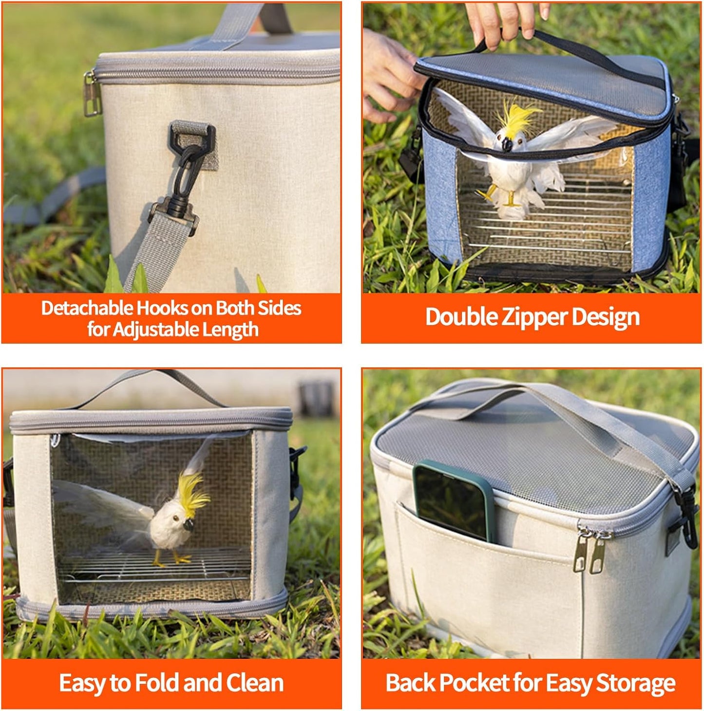 Bird Travel Carrierm, Small Bird Travel Backpack Carrier Cage with Tray and Breathable Clear Window, for Parakeet Cockatiel Budgies, for Camping Hiking (Small-White)