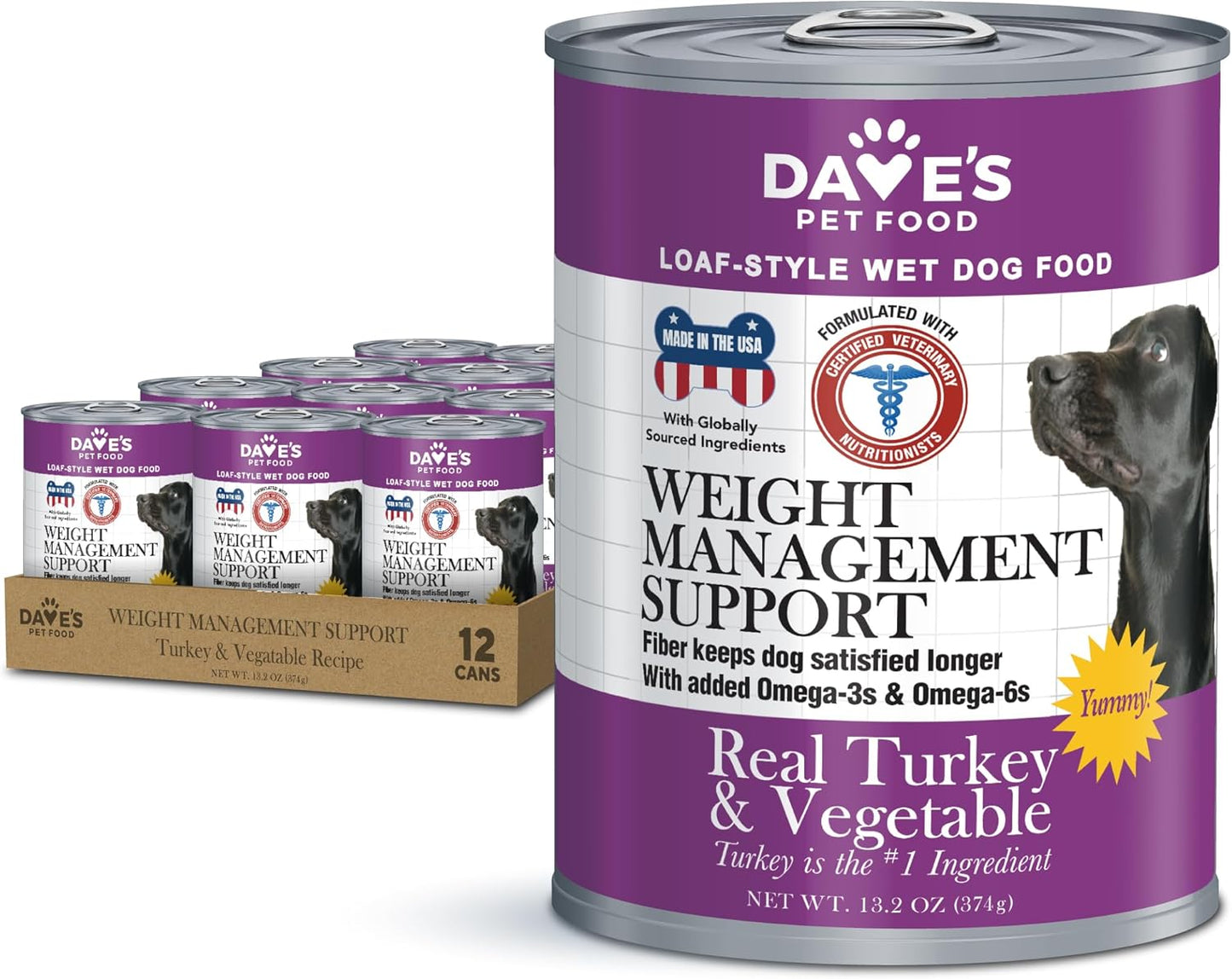 Dave's Pet Food Weight Management Dog Food (Turkey & Vegetables), Made in USA, Weight Loss, Soft, Canned Wet, 13.2oz (12 Pack)