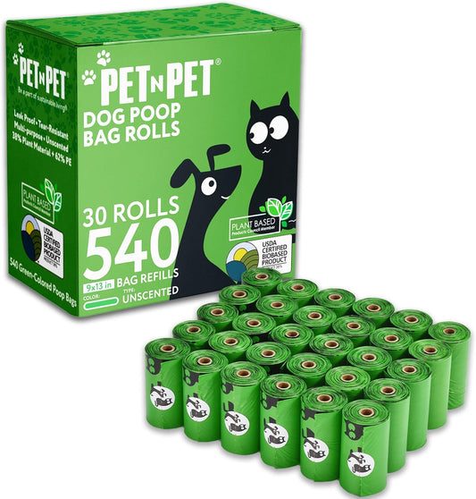 Pet N Pet 540 Counts Green Poop Bags for Dogs, 38% Plant Based & 62% PE Extra Thick Dog Poop Bags Rolls, 9" x 13", Unscented Dog Waste Bag, Pet Supplies for Dogs