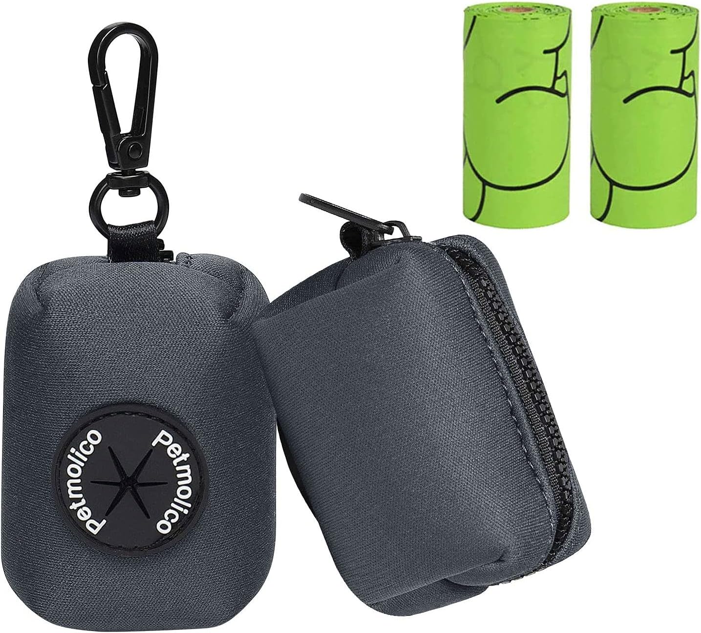 Petmolico Dog Poop Bag Holder Leash Attachment, Dog Waste Bag Dispenser Zippered Pouch, Fits Any Dog Leash, Includes Free Roll of Dog Bags, Poop Bag Dispenser - 2 Pack, Deep Gray