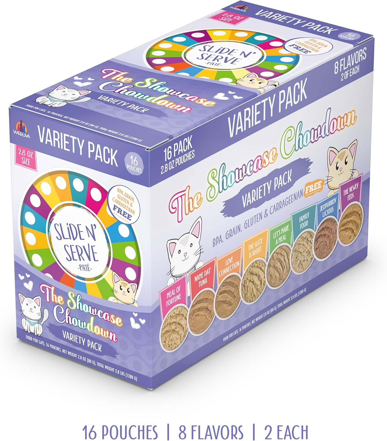 Weruva Slide N' Serve Paté Wet Cat Food, The Showcase Chowdown Variety Pack, 2.8oz Pouch, Pack of 16