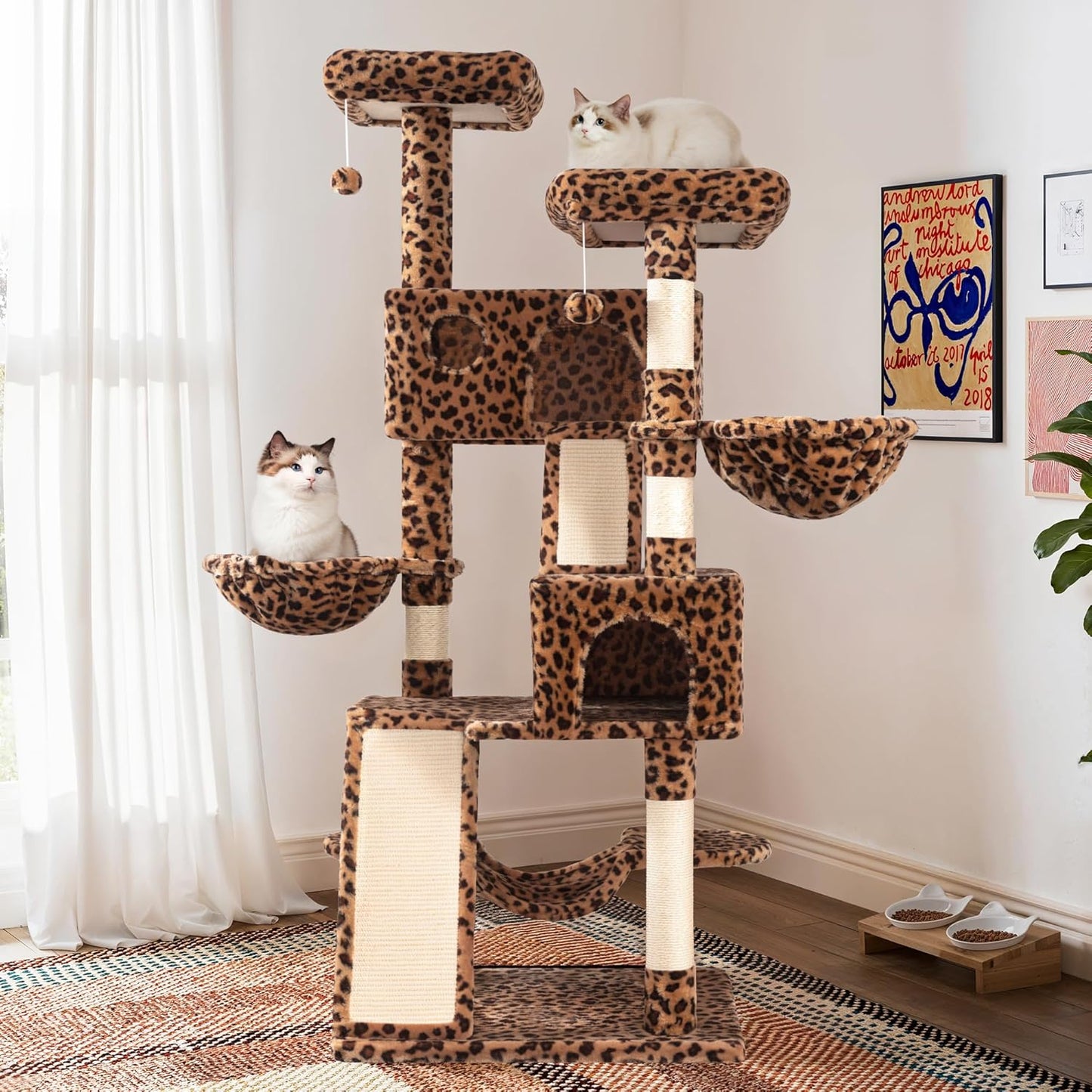SHA CERLIN 65in Larger Cat Tree Tower Condo for Indoor Kitties/Multi-Level Furniture Activity Center with Wide Base/Cozy Plush Cat Perches/Baskets/Sisal Scratching Posts and Hammock/Leopard Print
