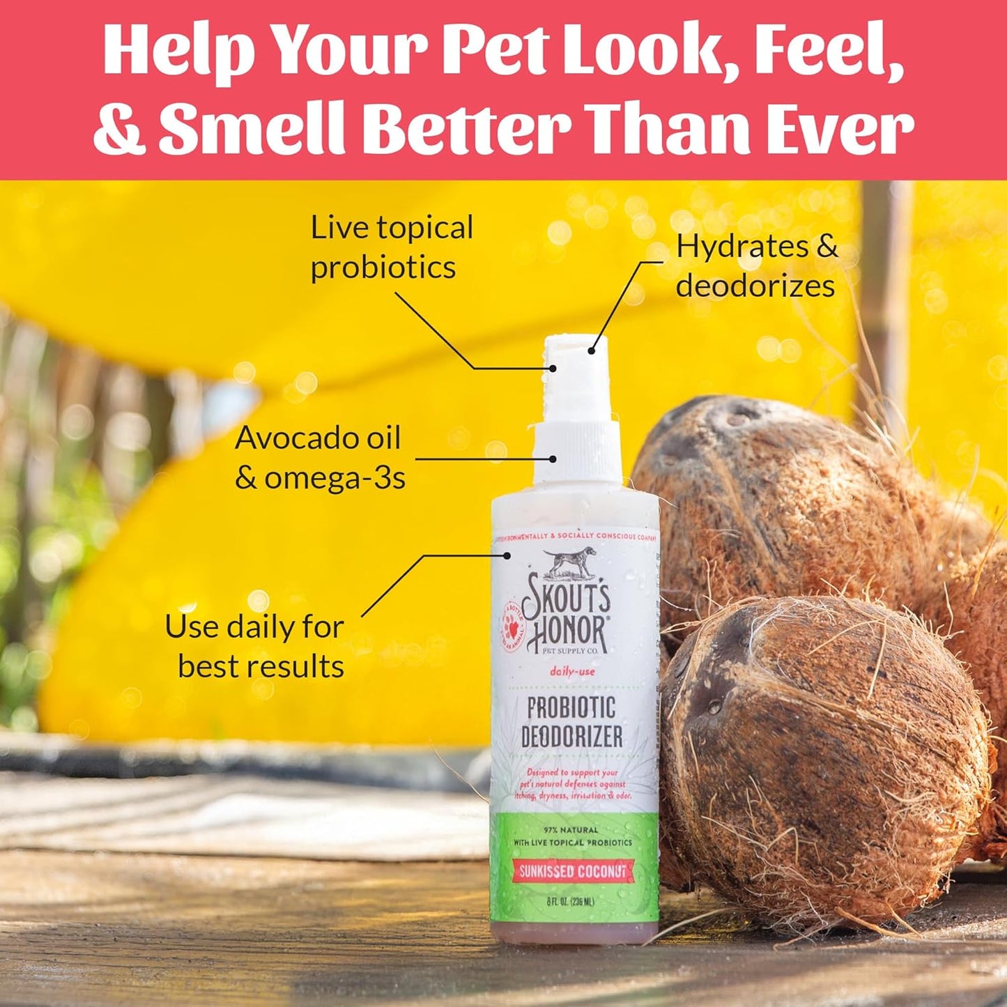 SKOUT'S HONOR Probiotic Pet Deodorizer Spray- Hydrating Daily-Use with Avocado Oil & Omega-3s, Microbiome Friendly Certiified, Paraben & Sulfate-Free, 97% Natural, 8oz, Sunkissed Coconut, 2-Pack