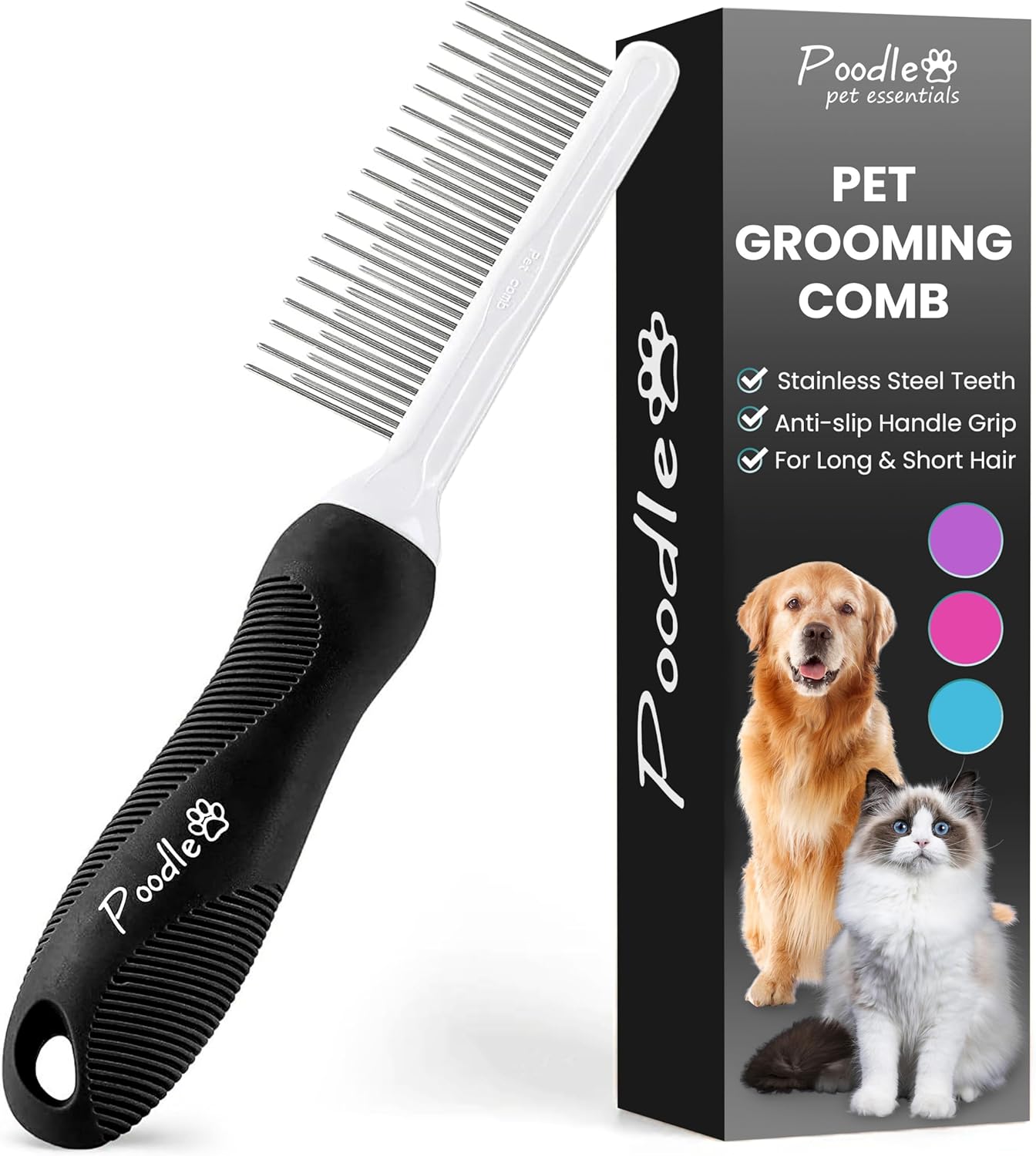 POODLIE Poodle Pet Dog Combs for Grooming Matting - Metal Comb for Dogs with Long & Short Stainless Steel Teeth - Dematting Comb for Cats to Remove Matted Hair & Knots, Black