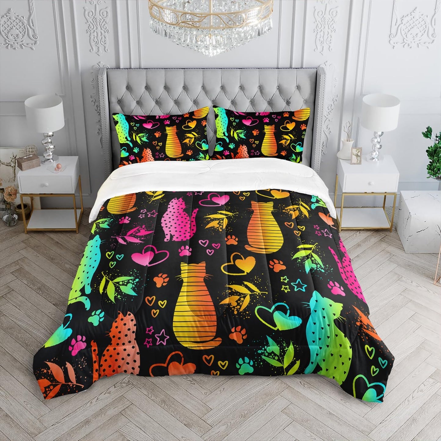 Kawaii Cat Animal Comforter 3Pcs Full Lovely Pet Cat Bedding Set for Kid Teen Girl Boy Adult Room Decor Cartoon Kitten Paw Heart Bamboo Leaf Pattern Quilt with 1 Comforter and 2 Pillowcases