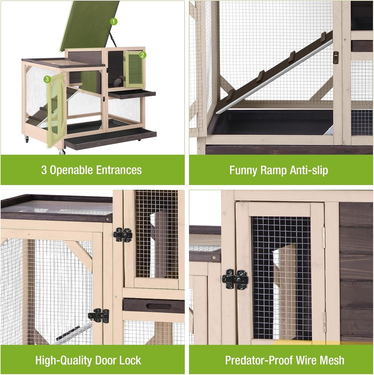 GUTINNEEN 2-Story Rabbit Hutch with Chew-Proof Ramp & Pull-Out Trays - Indoor/Outdoor 39.3" Wooden Rabbit Cage on Wheels for Rabbits, Guinea Pigs (Dark Brown)