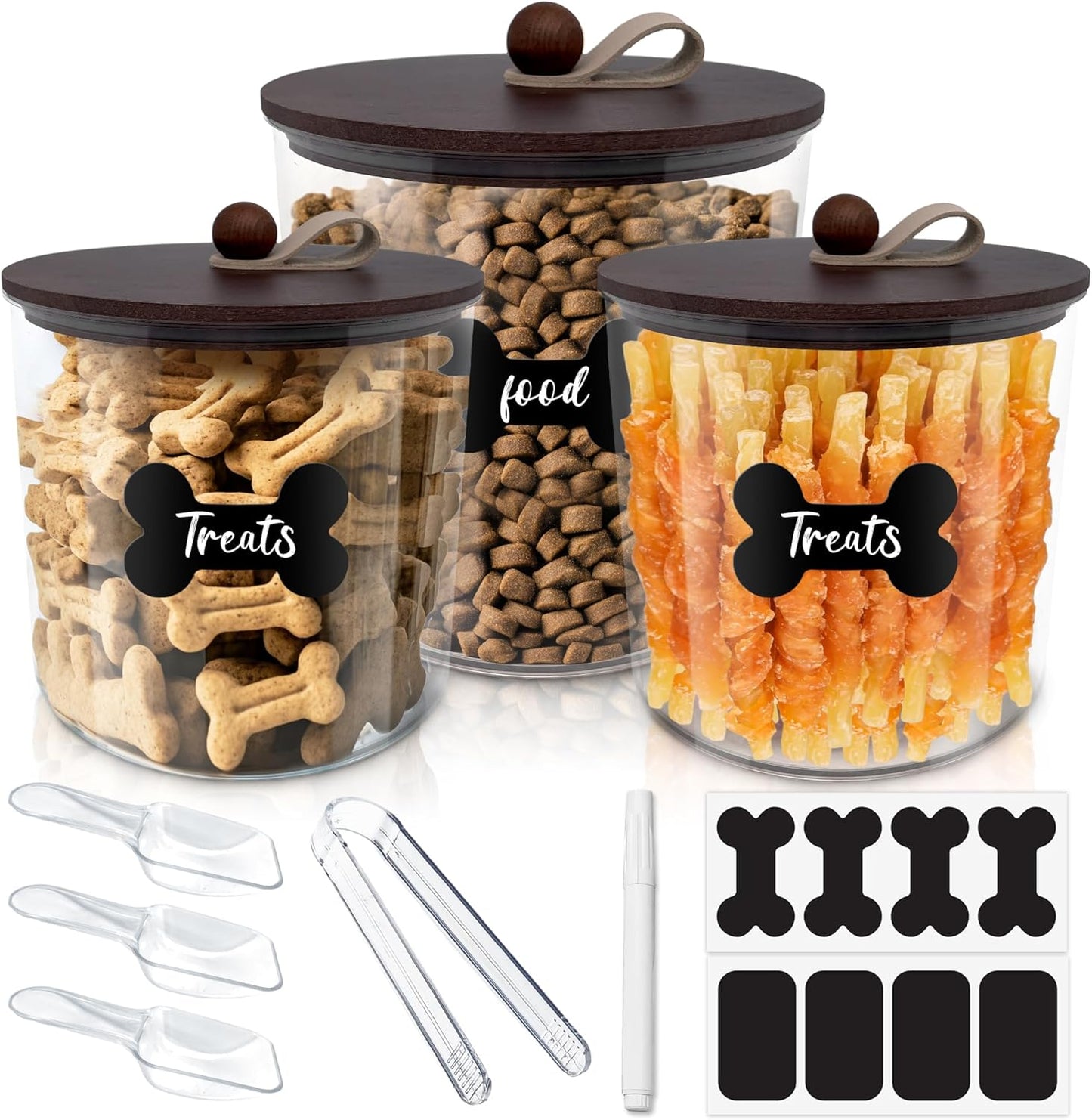 3 Pack Airtight Dog Food Storage Container, Dog Treat Container Dog Food Container with Wood Lids 8x7''&6x5'',Pet Food Storage Container,Cat Food Containers with Scoops,Clamp,Labels,Pens