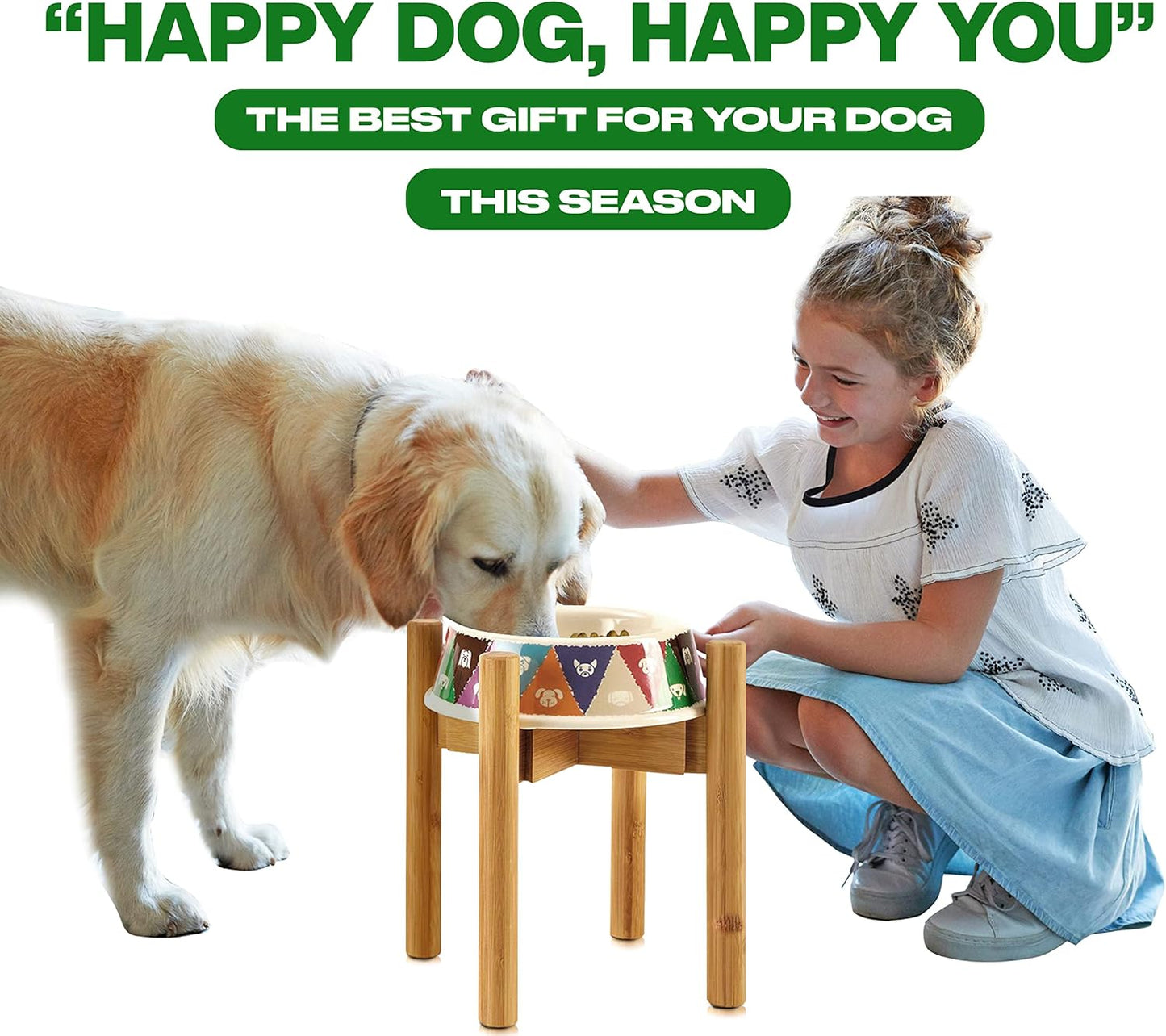 Dog Bowl Stand for Large Breed - 14-inch High, Adjustable Sideways to Fit Various Sizes of Pet Food/Water Bowls, Slow Feeders, and Drink Fountains - Bamboo