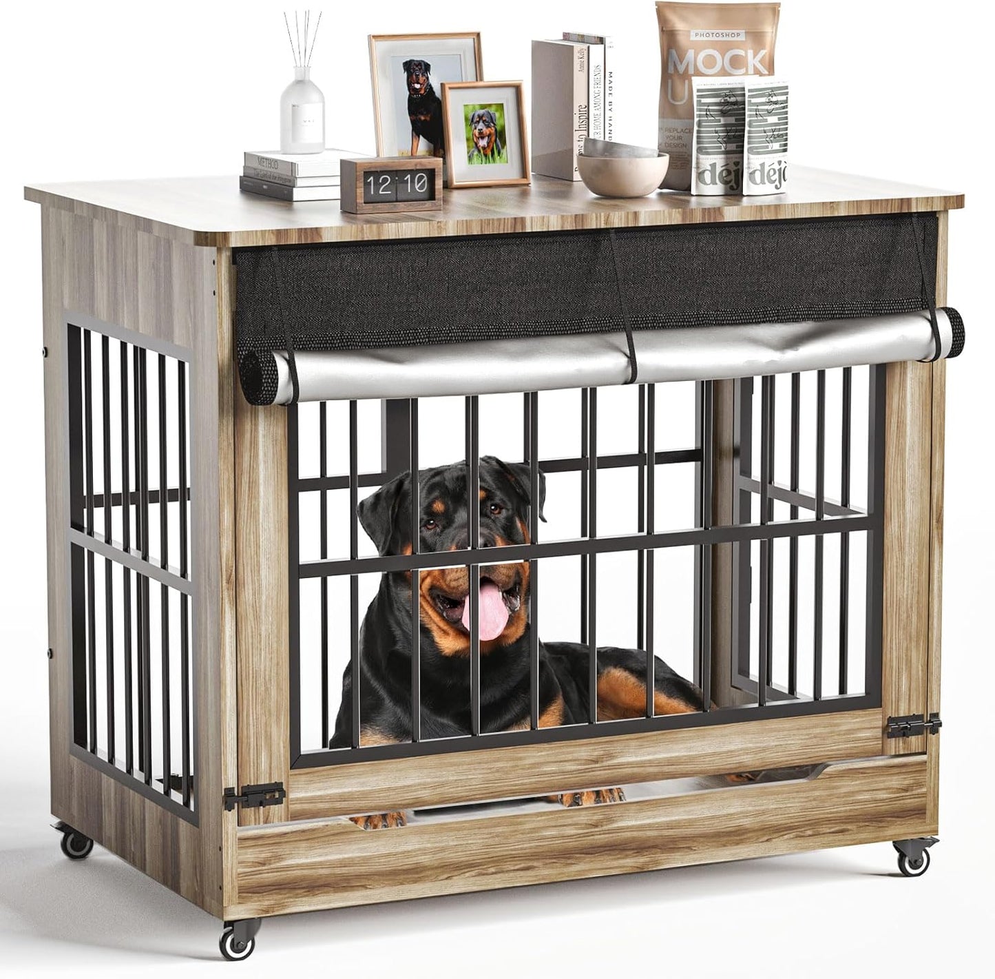 46" Large Dog Crate Furniture, Double Door Wooden Indoor Dog Kennel Furniture, Decorative Pet Cage End Table with Wheels for Extra Large Breed Dogs, Size 2XL, Rustic Brown