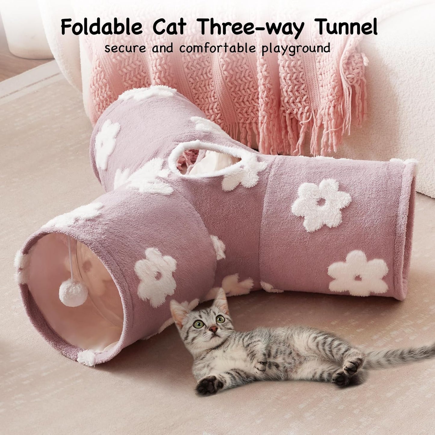 Tempcore Flannel Pet Cat Tunnel Tube Cat Toys 3 Way Collapsible, Cat Tunnels for Indoor Cats, Kitty Tunnel Bored Pet Toys Peek Hole Toy Ball Puppy, Kitty, Kitten, Rabbit Daisy Burlwood