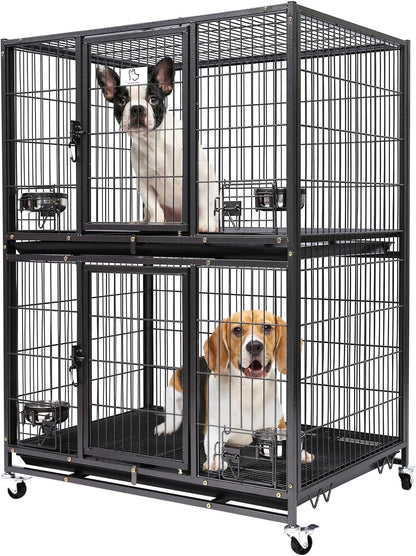Homey Pet Two Tiers 37 Inch Dog Crate Cage Kennel with Feeding Door and Bowls, Lockable Wheels and Removable Tray, Escape Proof Metal Wire Heavy Duty Dog Crates for Medium/Small Sized Dogs (4 Pack)