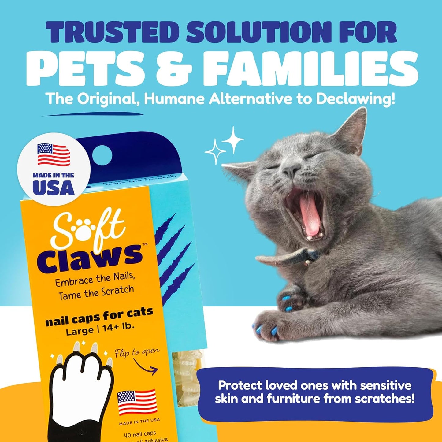 Soft Claws Cat Nail Caps for Large Cats – (40 Caps, Summer - Blue & Red) - Veterinarian-Developed | Protects Furniture & Skin - Easy to Apply, Long-Lasting Anti-Scratch Soft Cat Claw Covers