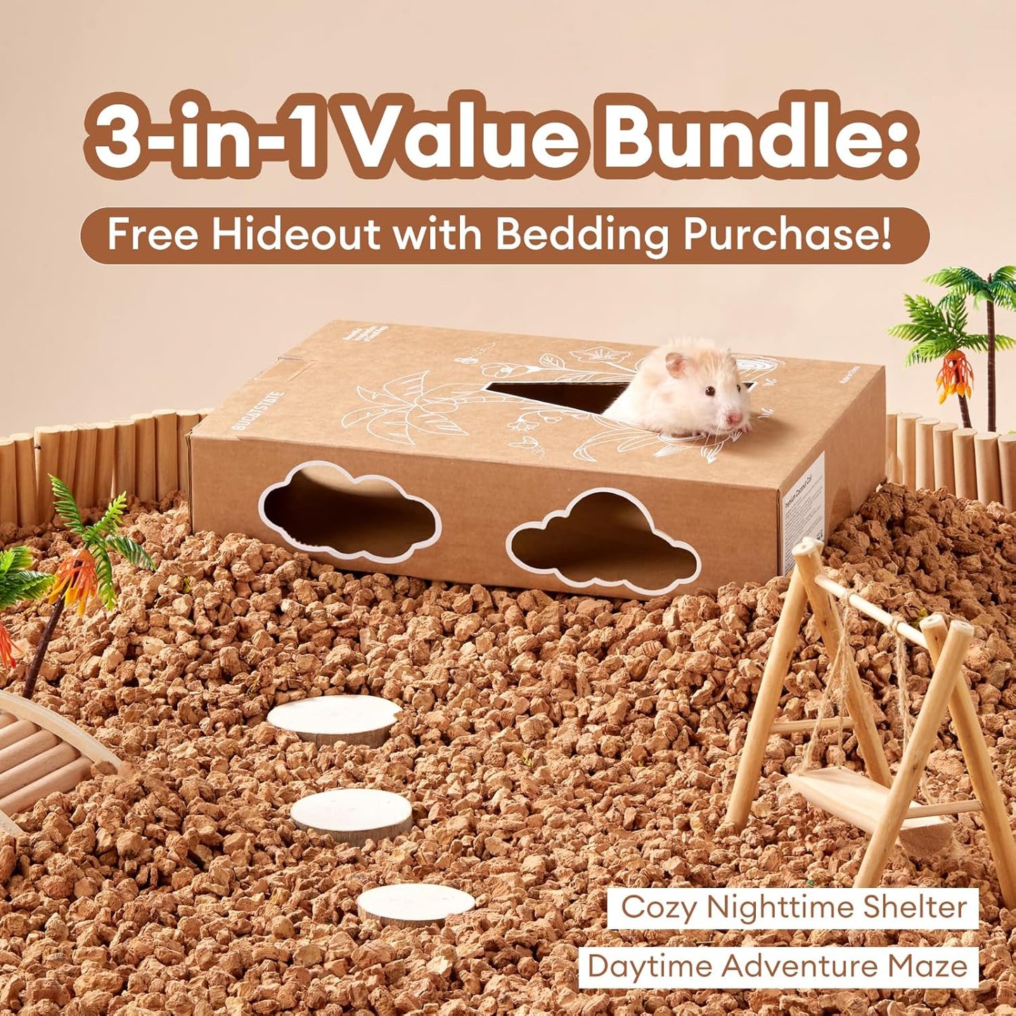 BUCATSTATE Cork Bedding 5L, Natural Hamster Bedding Odor Control for Dwarf Syrian Hamsters, Gerbils, Mice, Low-dust Hamster Substrate with Paper Hideout Box (Grain 4-5mm)