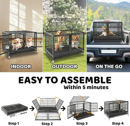 Homey Pet 4 Pack Three Tiers 43 inch Dog Crate with Wheels, Stackable Heavy Duty Indestructible Steel Dog Cage Kennel Indoor with Detachable Divider, Tray, Bowls, Escape Proof Locks