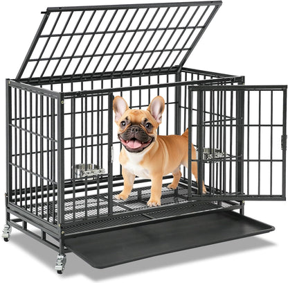 Homey Pet 37 inch Stackable Heavy Duty Dog Crate, Indestructible Escape Proof Dogs Cage Kennel with Lockable Wheels, Removable Tray & Metal Grid, Double Doors for High Anxiety Medium/Small Dogs