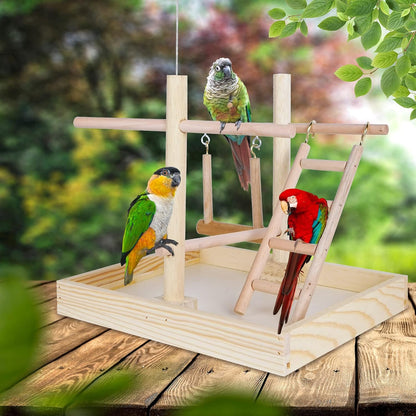Budgie Perch Nature Wood Stand, Parrot Climbing Ladder Swing Chew Toy, Small Tabletop Bird Cage Play Gyms Playground for Parrots, Macaws, Love Birds, Finches, African Grey, Budgies