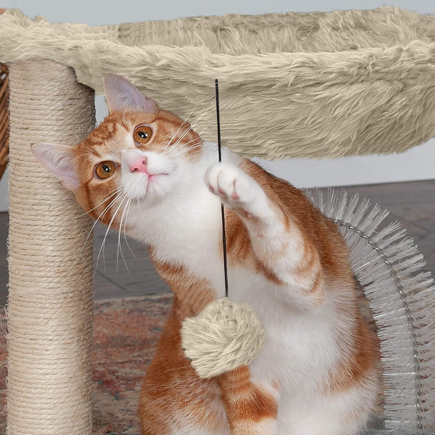 Furhaven 15.75" Tall Playground for Indoor Cats, Ft. Sisal Scratching Posts, Self-Grooming Brush, & Toy - Tiger Tough Hammock Interactive Playground - Cream, One Size