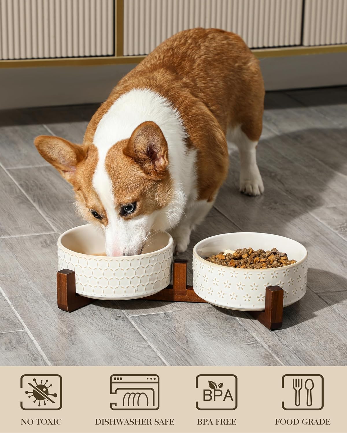 MALACASA Dog Bowl Set with Walnut Wood Stand, 3.5 Cups Ceramic Pet Bowls for Puppy Dogs, Dual Food and Water Bowls with Non-Slip Base, Basic Bowls for Your Dog or Cat, Five-Leaf Grass & Honeycomb