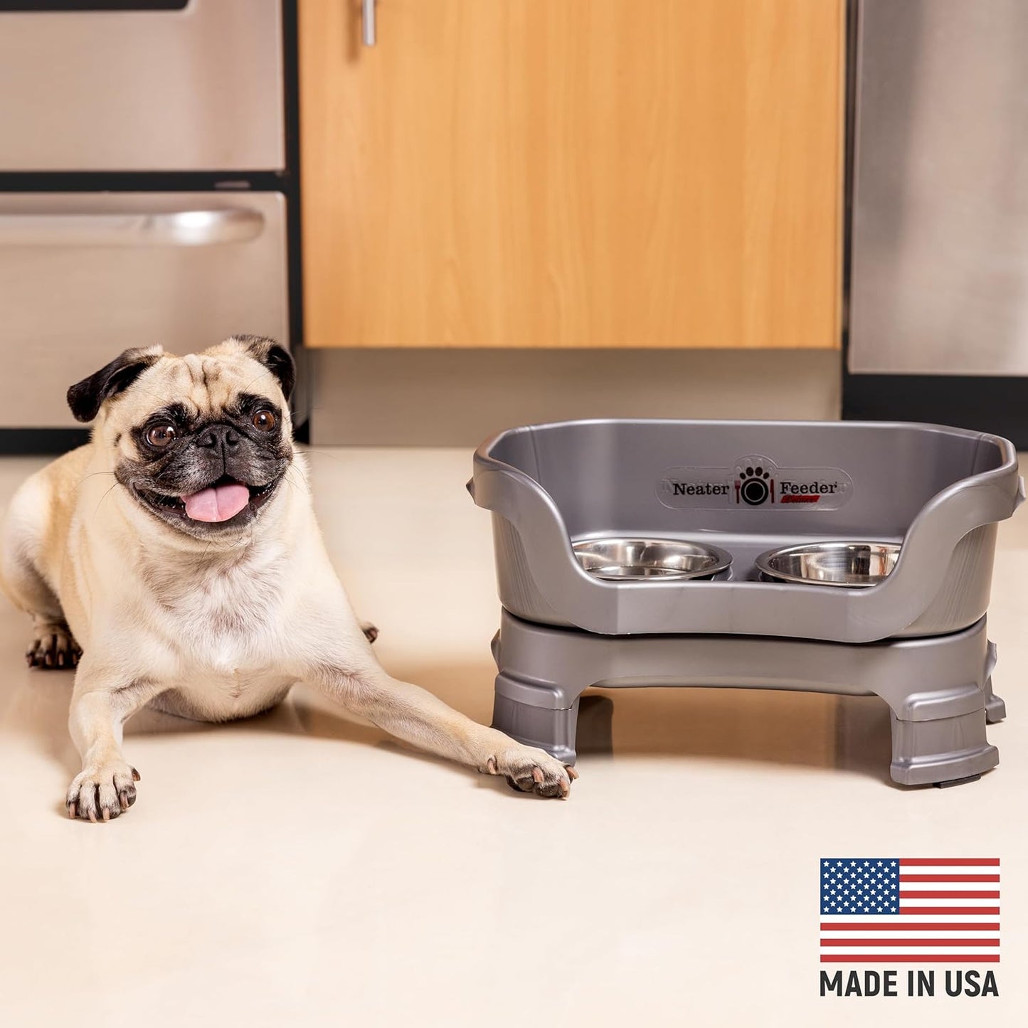Neater Feeder Deluxe Mess Proof Dog Bowls Elevated for Small Breeds – Made in USA – No Spill Raised Dog Food Bowl Stand w/Leg Extensions – Stainless Steel Dog Food and Water Bowl Set – Grey