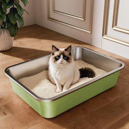 Stainless Steel Litter Box, Large Metal Cat Litter Box with High Sided for Big and Small Cats, Non-Stick, Easy to Clean, Odor-Free, 19.5" L×13.6" W×3.9" H, Leaf Green