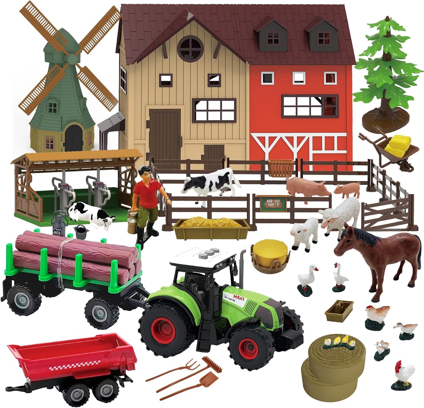 136PCS Farm Animals Toys Set Comes with Barn, Tractor Trailer, Milking shed, Windmill, Farmer, Fence - Playset for Kids Toddlers Boys Girls 5+ Years Old