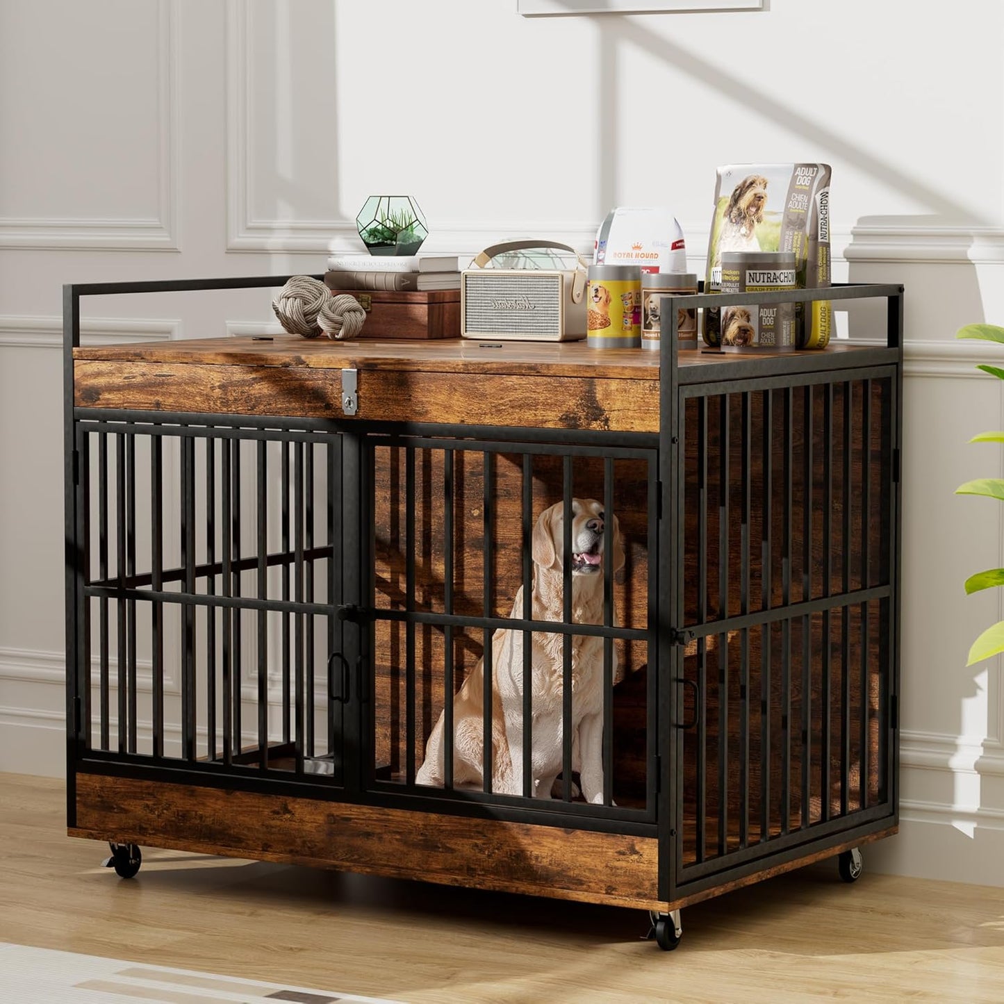 45 Inch Dog Crate Furniture for Large Dog with 2 Stainless Steel Bowls, Large Wooden Dog Crate Table, XL Heavy Duty Dog Kennel Indoor, for Decorate House As TV Stand, End Table