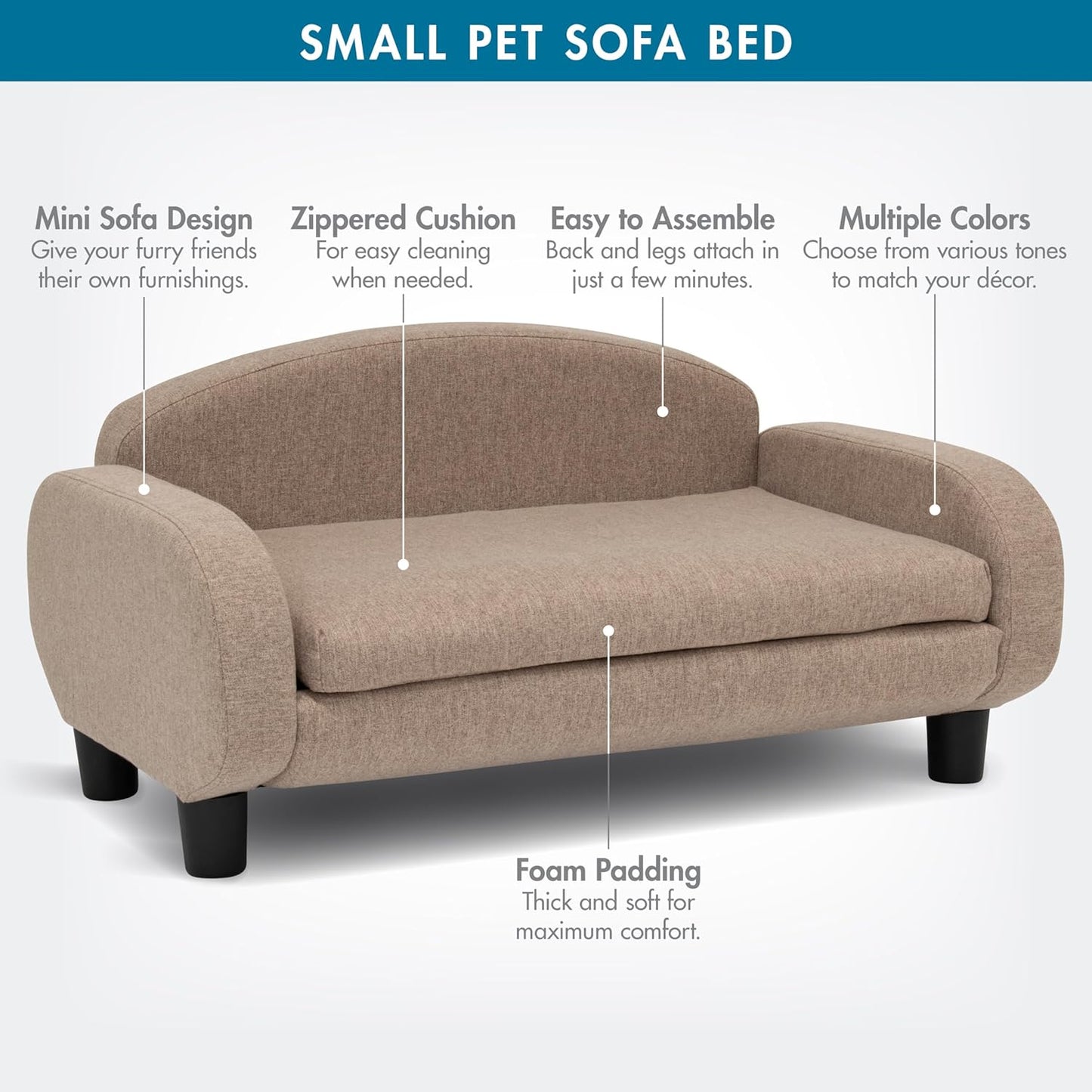 Paws & Purrs Cat Sofa Bed, Pet Couch for Indoor Cats Elevated Cat Beds with Removable Washable Mattress Cover for Kitten, Puppy or Small Animal- 31.5" Wide, Sand