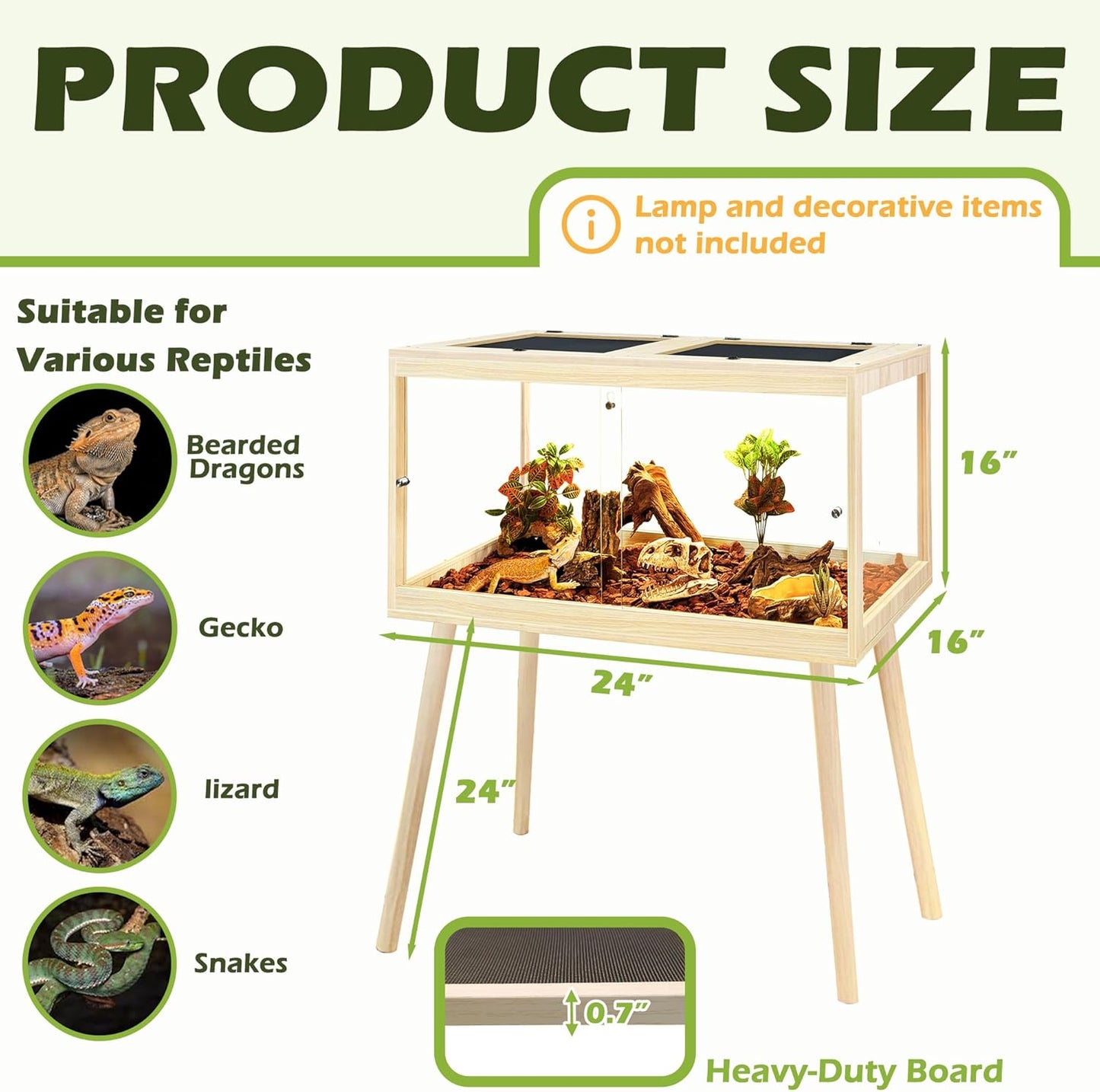 Prolee Bearded Dragon Tank with Leg,Tempered Glass Lizard Tanks and Reptile Enclosure,Up to 78 Gallon Reptile Tank with Metal Mesh and Lockable Door for Spacious Snakes and Chameleon(Oak,24inch)