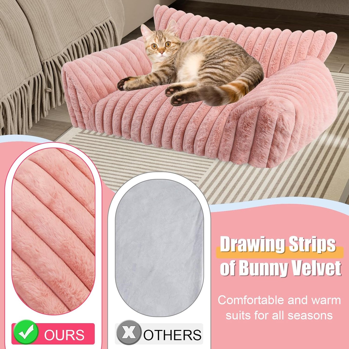 Cute Cat Couch Bed for Indoor Cats, Fluffy Pet Cat Sofa with Premium Soft Corduroy Fleece, Cute Small Dog Beds for Small Dogs, Fuzzy Puppy Chair with Removable Washable Cover (24x18x10,Pink)