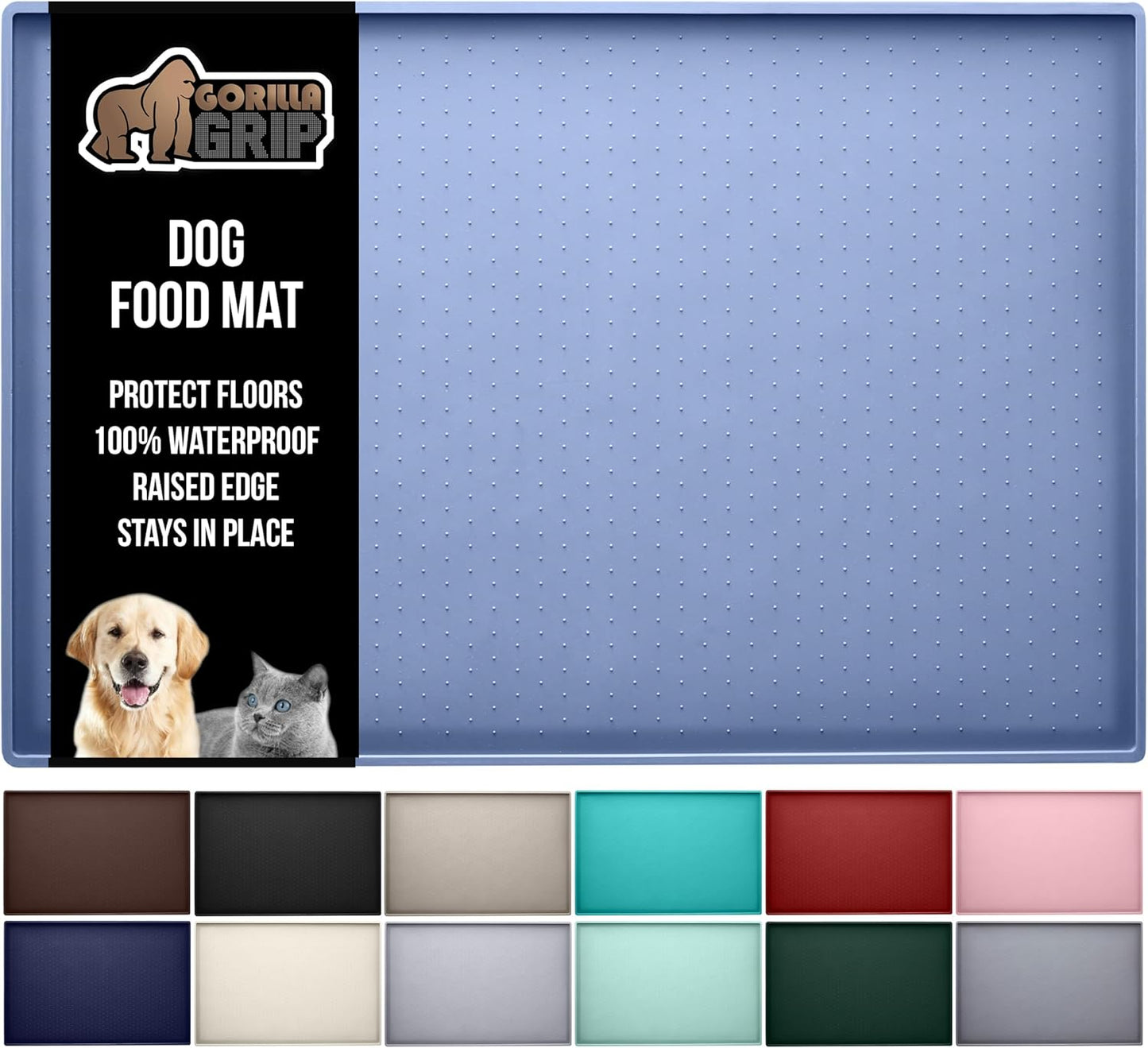 GORILLA GRIP 100% Waterproof Raised Edge BPA Free Silicone Pet Feeding Mat, Dog Cat Food Mats Contain Spills Protects Floors, Placemats for Cats and Dogs Water Bowl, Pets Accessories 16x10, Blue