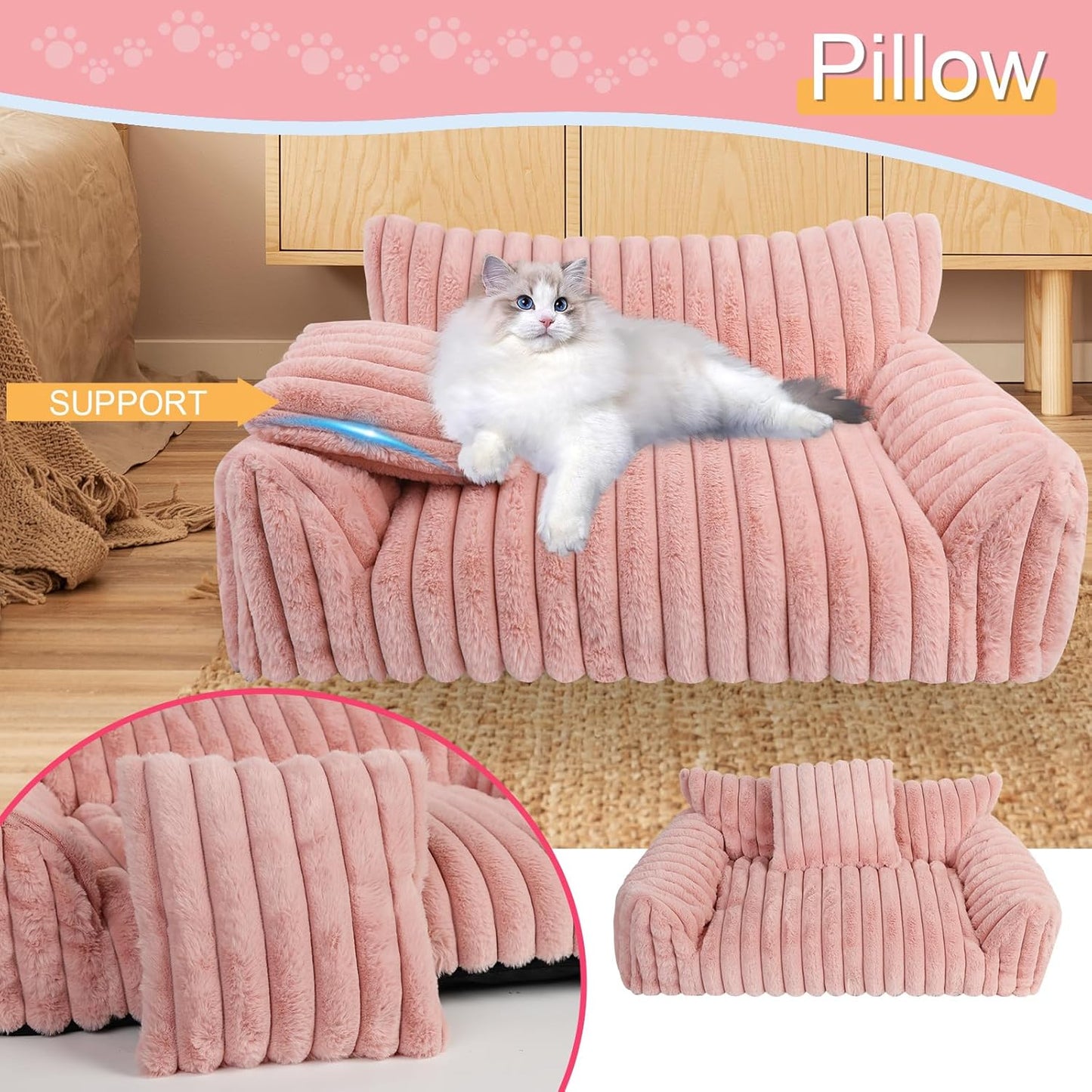 Cute Cat Couch Bed for Indoor Cats, Fluffy Pet Cat Sofa with Premium Soft Corduroy Fleece, Cute Small Dog Beds for Small Dogs, Fuzzy Puppy Chair with Removable Washable Cover (24x18x10,Pink)