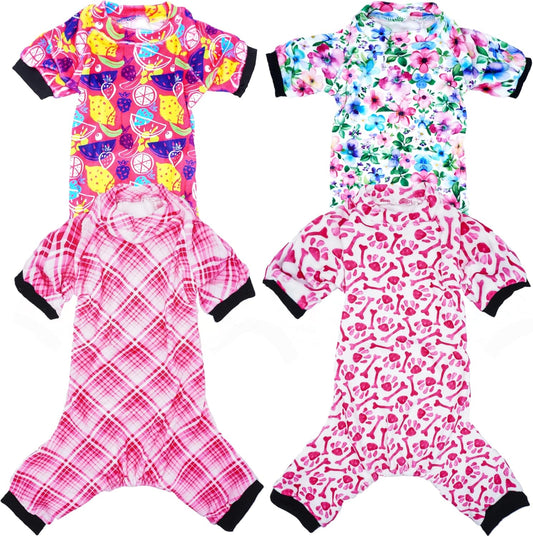 PET SHOW 4 Pack Small Dog Pajamas Cute Paw Bone Clothes Doggies Soft Stretchy PJs Plaid Jumpsuit Puppy Cats Floral Fruits Onesies Outfits with Sleeve Pets Dachshund Costume(XS, Pink for Girls)